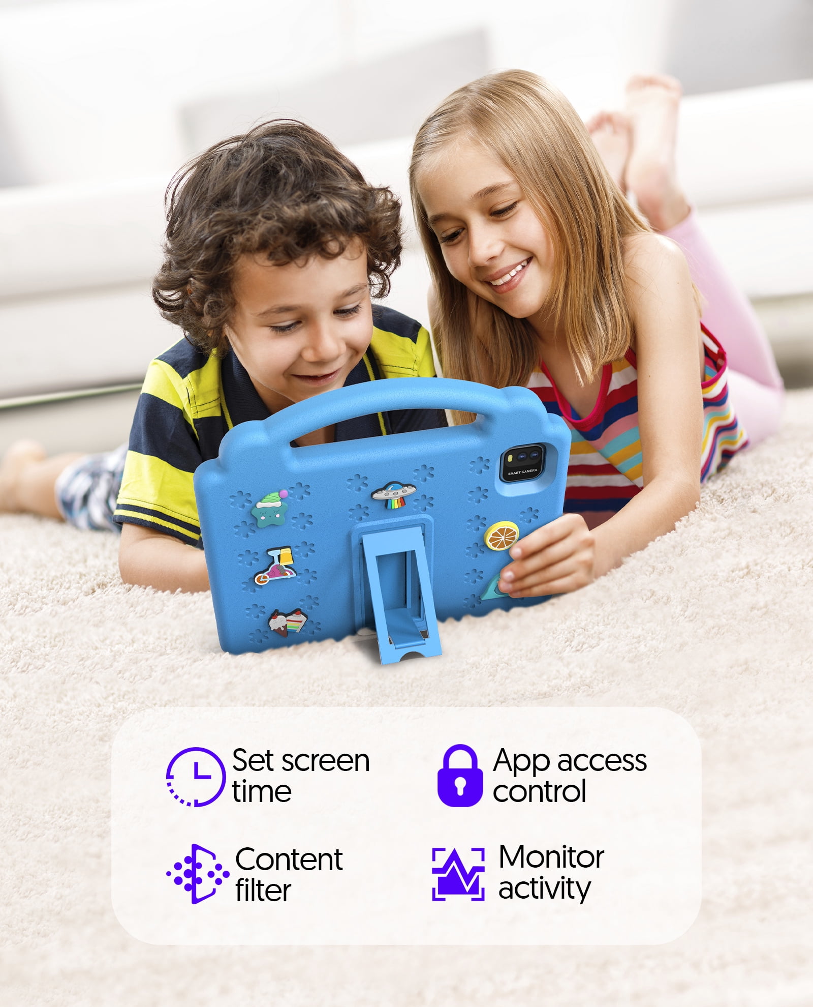 PUTECCH Kids 10 Tablet, Android 14 Tablet for Kids, Parental Control Pre-Installed Education Apps, 6GB RAM 64GB Storage, 6000mAh, WiFi 6, EVA Shockproof Case - Blue