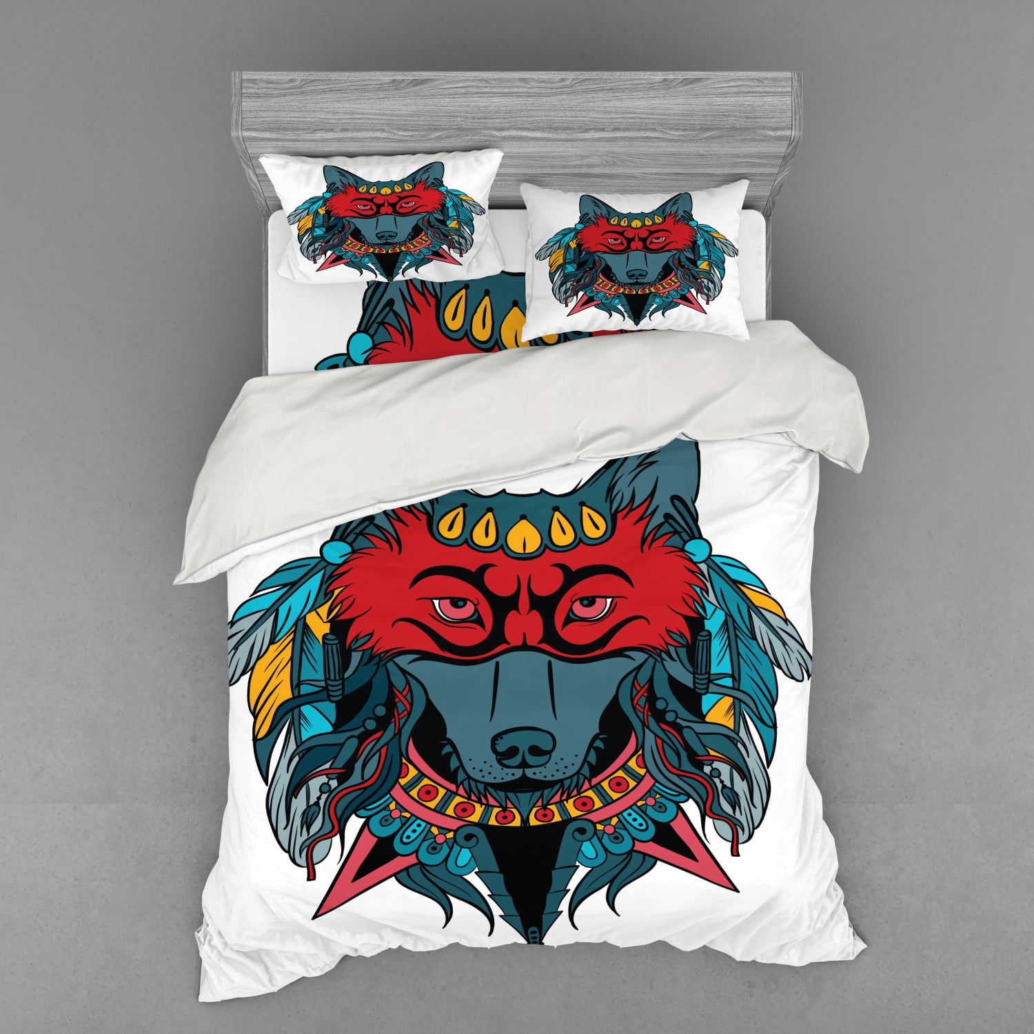 Tribal Duvet Cover Set, Warrior Wolf Portrait with Mask ...