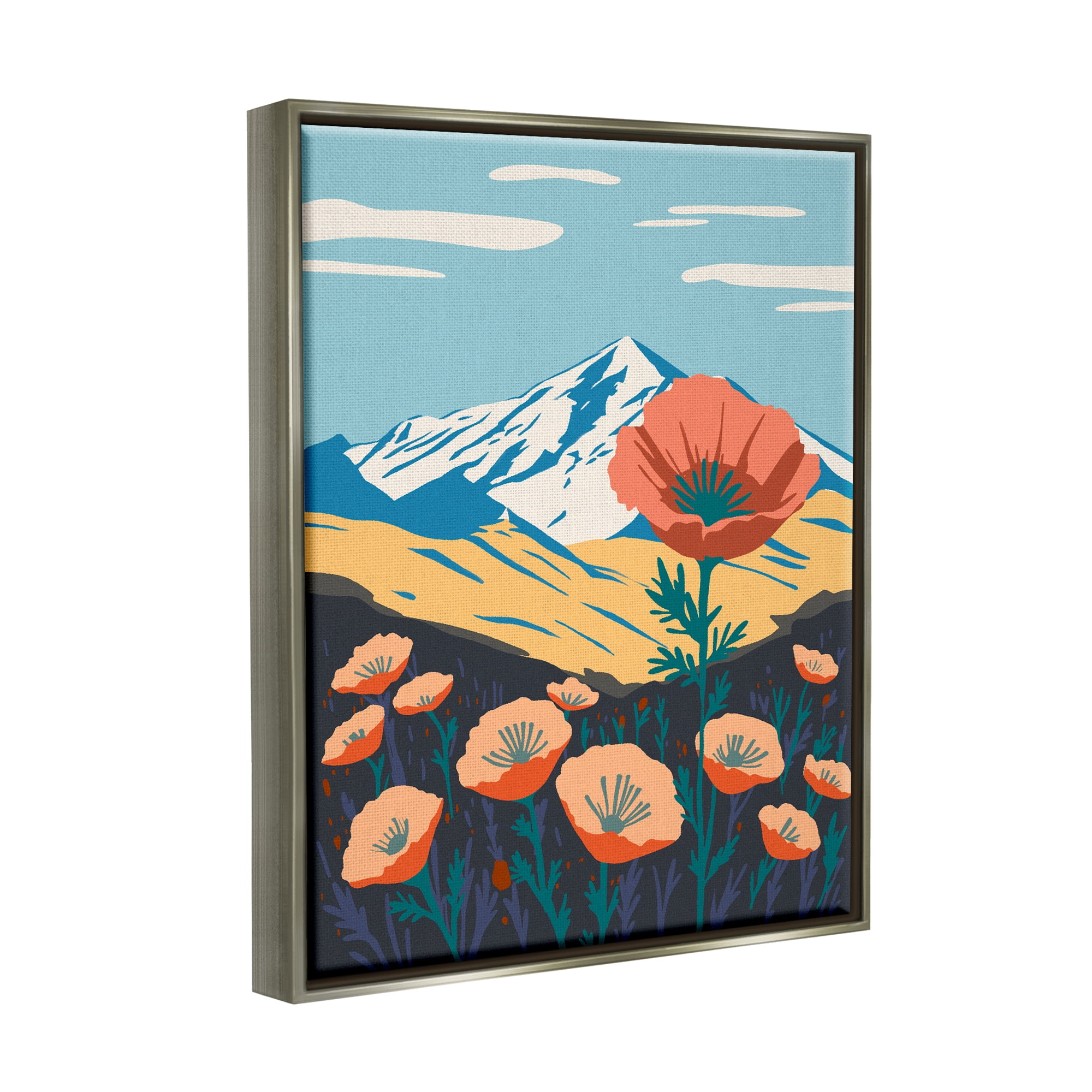 Stupell Industries Poppy Blooms Mountain Landscape Botanical & Floral Painting Gray Floater Framed Art Print Wall Art