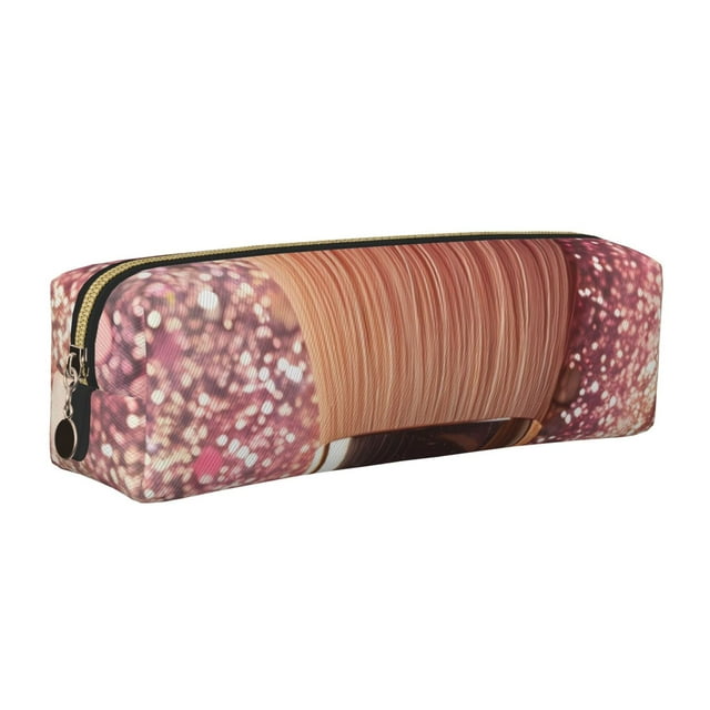 Easygdp Makeup Brush on Pink Glitter para Estuche de Lápices de Cuero, Estuche de Papelería de Cuero, Estuche de Gran Capacidad con Cremallera