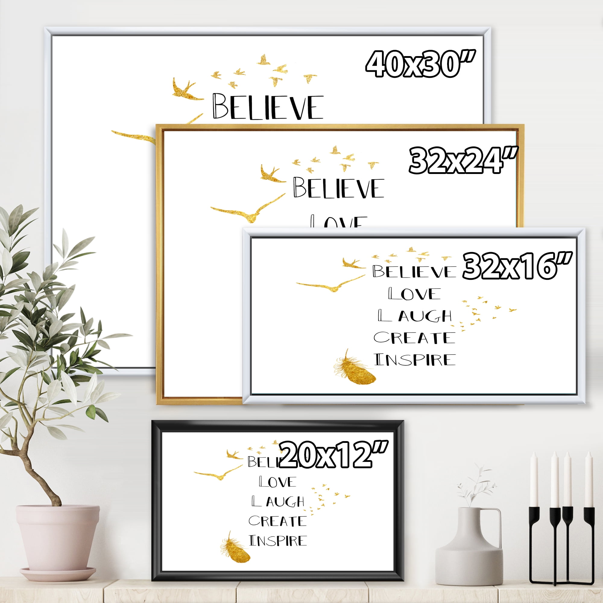 Designart 'Inspirational Quote On Gold and White' Traditional Framed Canvas Wall Art Print