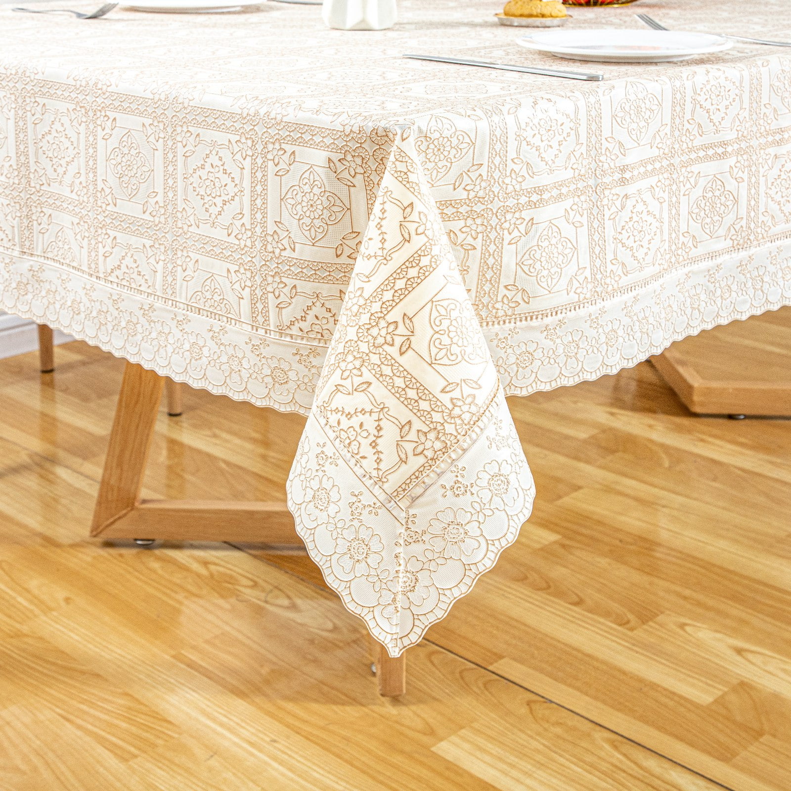 Ray Star 100% Waterproof Beige PVC Classicial Tablecloth 52x70in, Vinyl Table Cloth Cover Oil Proof Spill Proof Wipeable Table Cloths for Indoor and Outdoor Use