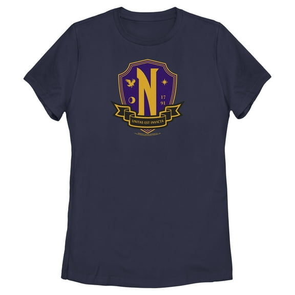 Women's Wednesday Nevermore Academy Crest Graphic Tee Navy Blue Large