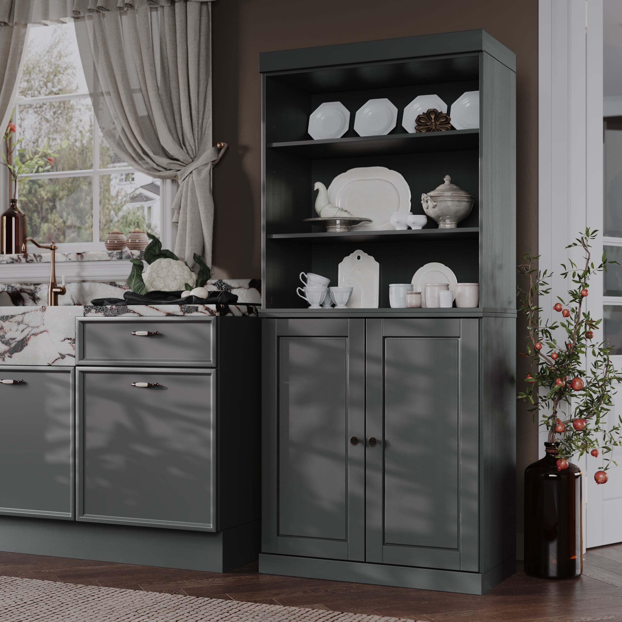Palace Imports 100% Solid Wood 32" Pantry Cabinet, Solid Wood Doors, Gray
