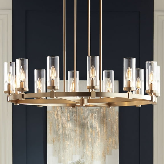 Stiffel Aron Brass Gold Wagon Wheel Chandelier 36" Wide Modern Clear Glass Shade 12-Light Fixture for Dining Room House Foyer Kitchen Island Entryway