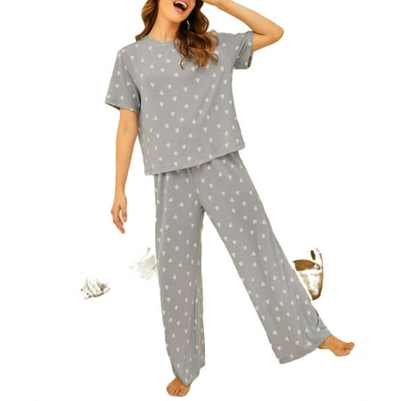 

Cute Heart Print Round Neck Pant Sets Short Sleeve Grey Womens Pajama Sets (Women s)