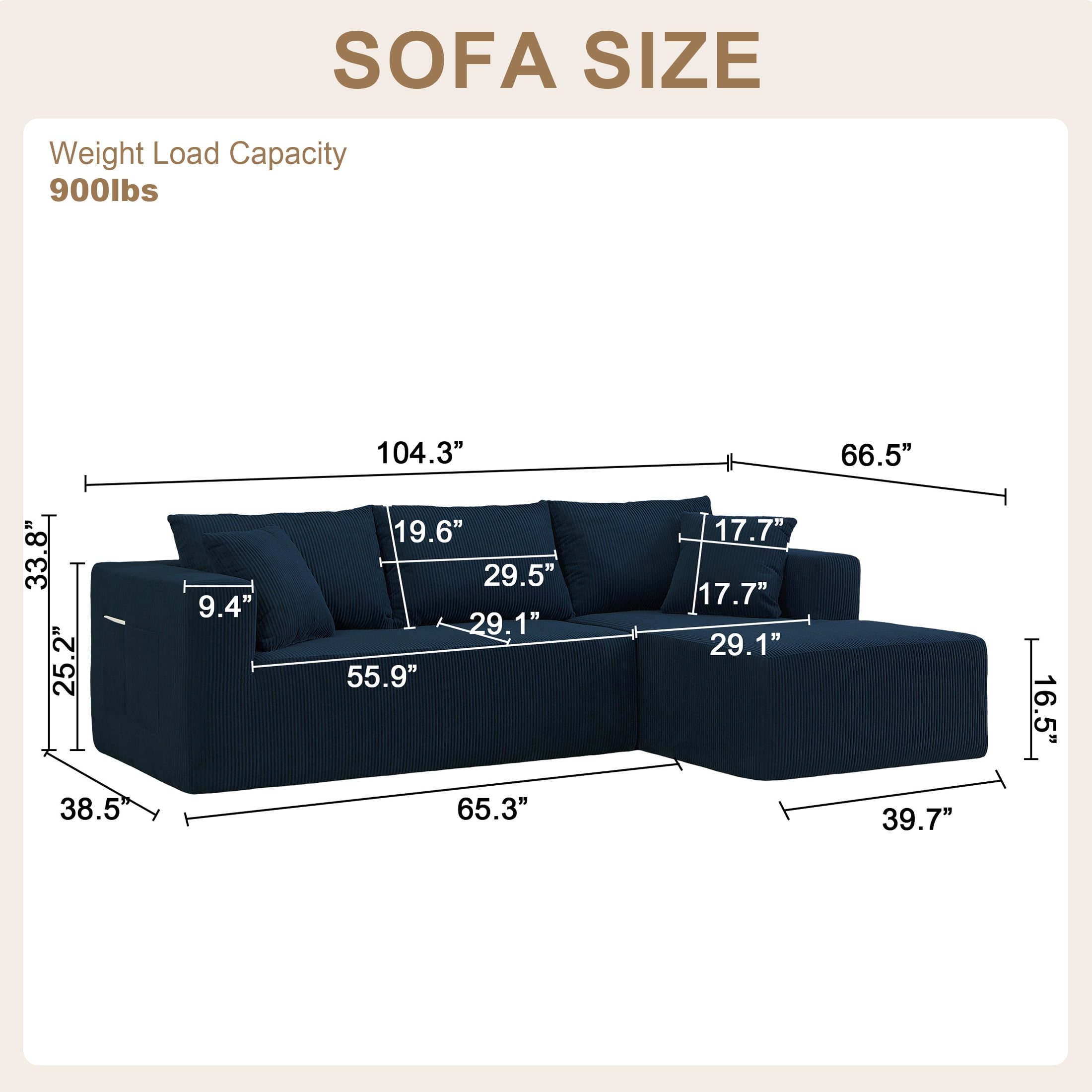 AENKYO 104'' Modular L-Shape Sectional Sofa with Chaise, Comfy Deep-Seat Cloud-Couch, Corduroy - Blue