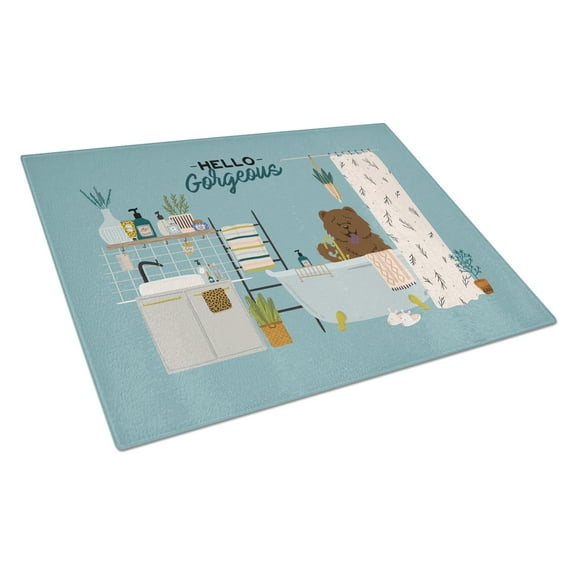 Carolines Treasures CK7563LCB Chocolate Chow Chow in Bathtub Glass Cutting Board Large 12H x 16W multicolor