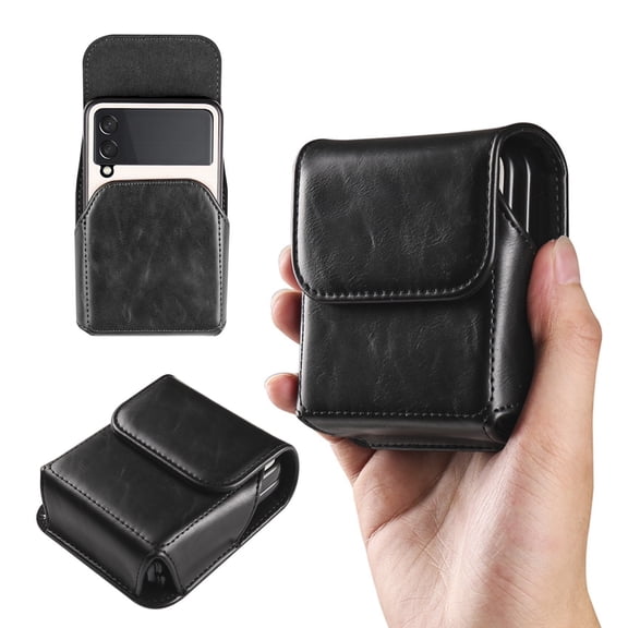 TJS Pouch Case for Motorola Razr 2026/2025/2024/Razr  2024/Samsung Galaxy Z Flip 7/6/, Magnetic Closure Flap Holder PU Leather Belt Clip Pouch for Samsung Z Flip Series / Motorola RAZR Series (Black)