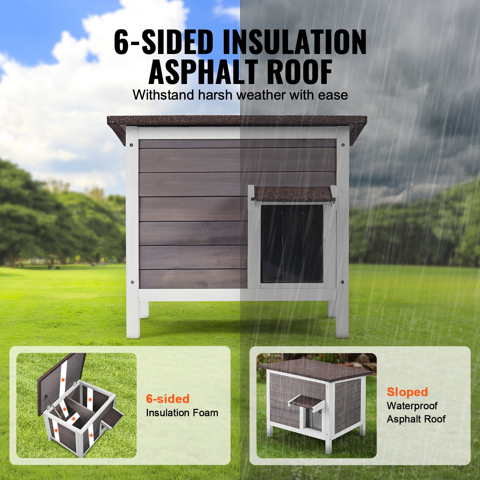 KFFKFF Weather-Resistant Outdoor Cat Home, Multi-Cat Sanctuary, Wooden Construction with Comprehensive Foam Insulation, Hinged Roof, PVC Entryways, Dimensions: 24"L x 20"W x 21"H