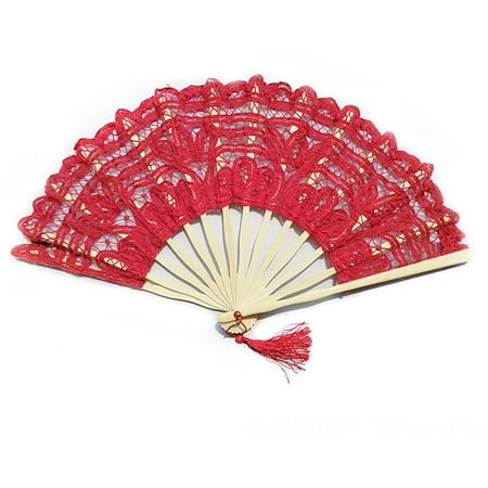 

Lace Silk Fold Fan Women Hand Held Folding Fans with Bamboo Frame Fan for Performance Wedding Party House Decoration Red 1