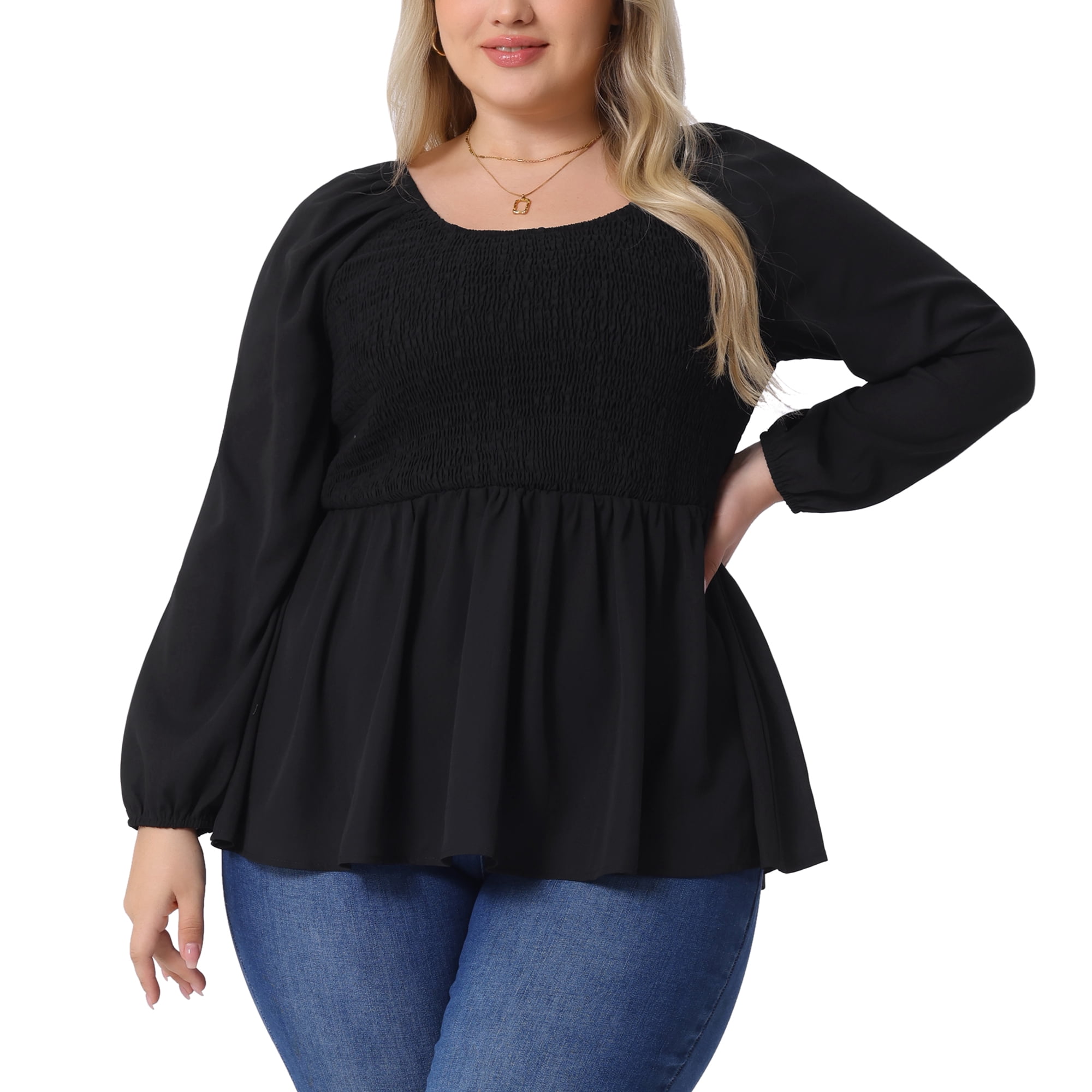 DARING DIVA Women's Plus Smocked Peplum Crew Neck Chiffon Top 4X Black