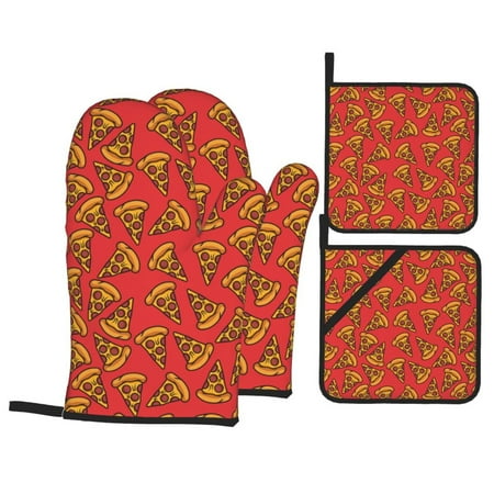 

Oven Mitts and Pot Holders 4 pcs Set Cute Pizza Red Heat Resistant Pot Holders Oven Mitts for kitchen Non-Slip Hanging Loop Oven Glove Potholders for Baking Cooking