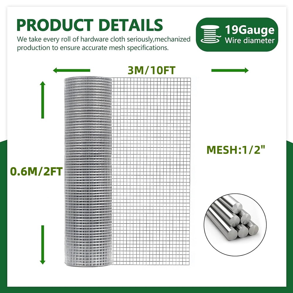 Shopmall 24 in x 10 ft Hardware Cloth Galvanized Welded Metal Wire Fencing Roll Garden Plant & Animal Cage Protection for Chicken Rabbit Small Poultry