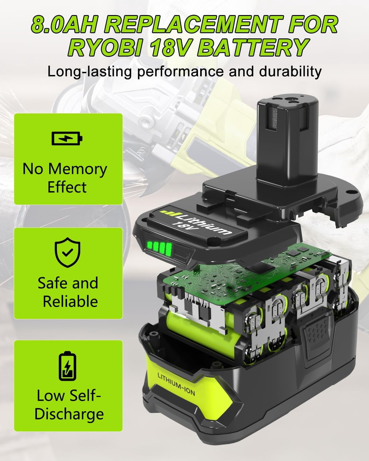 2Pack 8.0Ah Replacement for Ryobi 18V Battery and Charger Combo Replacement for Ryobi 18V Lithium P102 P103 P104 P105 P107 P109 P108 P190 P122 Cordless Tools Battery and P117 Charger
