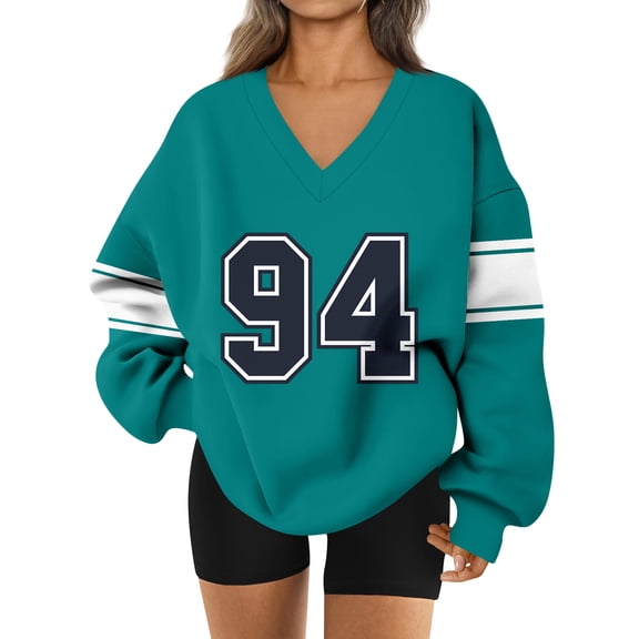 Women's Loose and Comfortable Letter V-Neck Sportswear Long Sleeve Sweatshirt with Number Print for Daily Matching,Turquoise,S