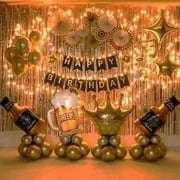 Birthday  Party Decorations for Adults With String Light  Set  -68pcs Include Golden Fringe Curtains Backdrop Paper Fan Happy Birthday Banner Beer Balloons Etc Perfect for Men& Women Birthday