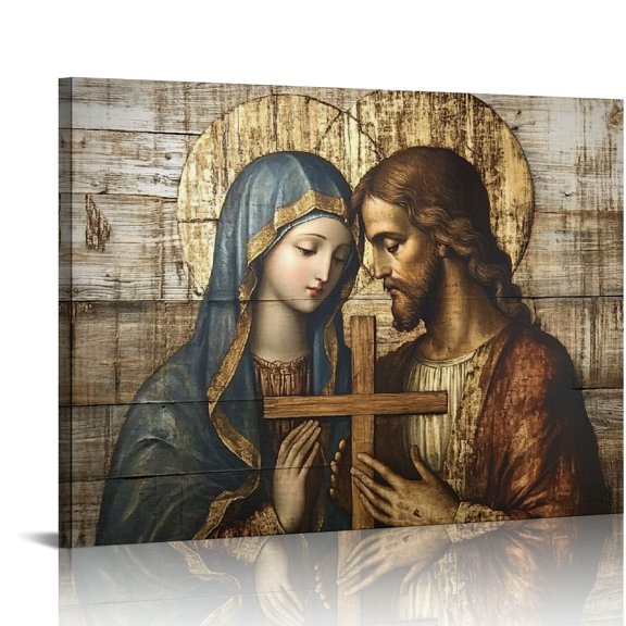 Jesus and Mary Wall Art Jesus Christ and Mary Pictures Canvas Print on Wooden Background Christian Religious Faith Scripture Painting for Home Church Decor