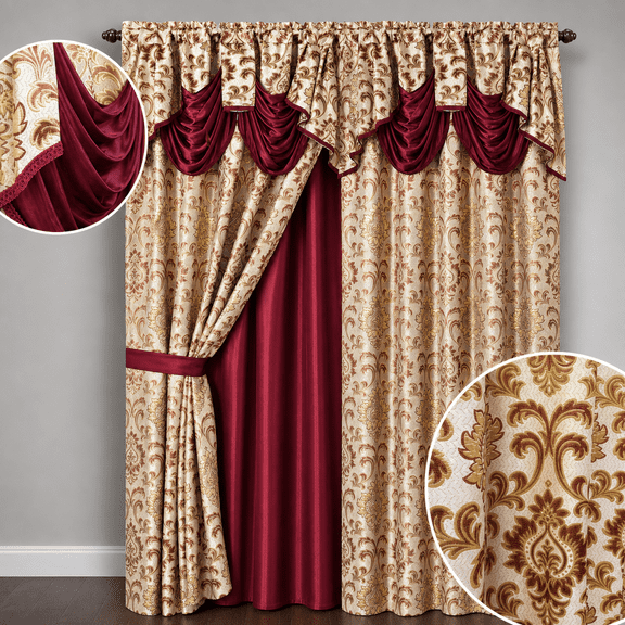 Burgundy Jacquard Window Curtain Panel with Attached Valance, 2 Set