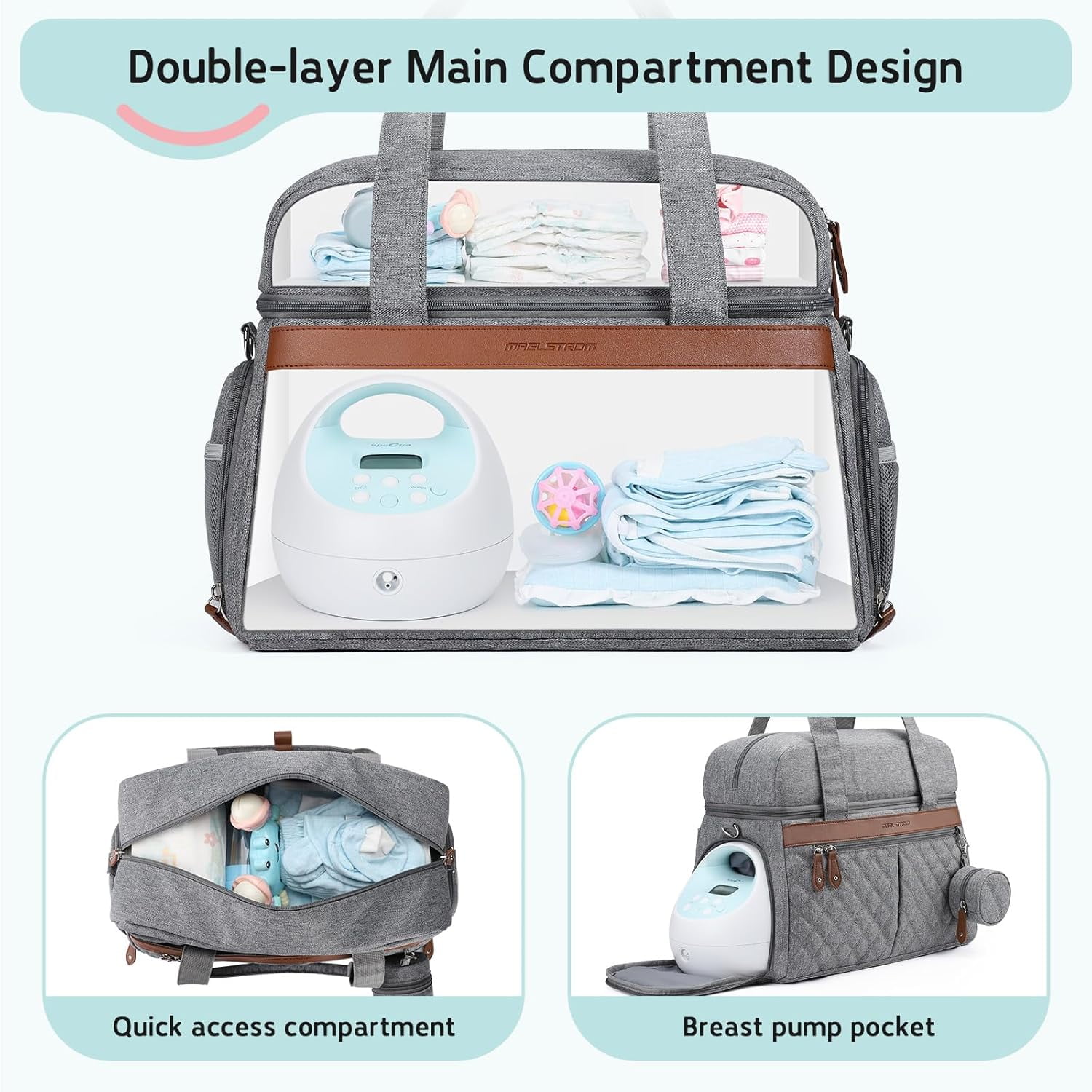 Breast Pump Bag, Diaper Bag Tote with 4 Cooler Pockets, Double-Layer Work Bag for Breastfeeding Mom fit 15'' Laptop