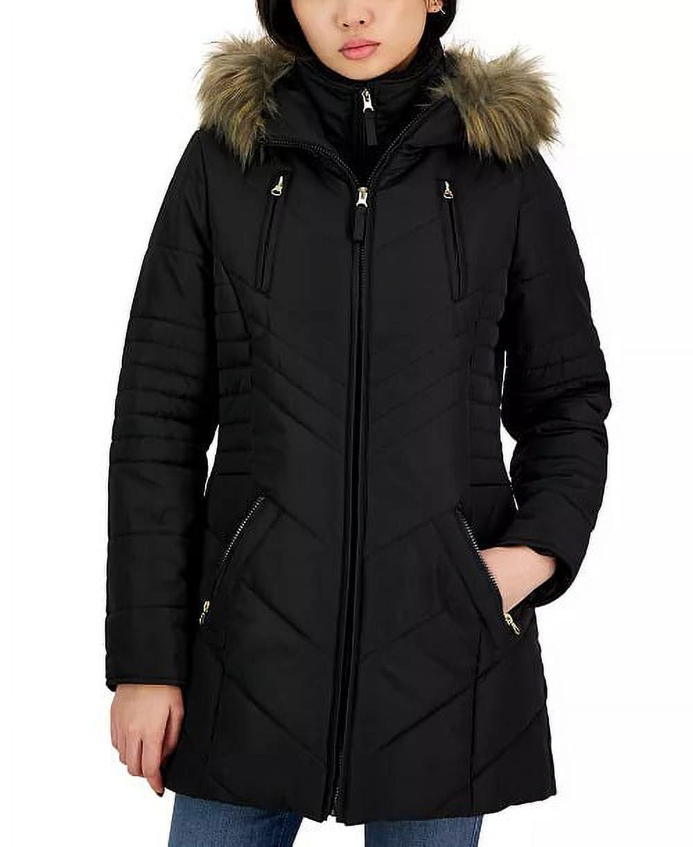 Maralyn Me Black Juniors Bibbed Faux Fur Trim Hooded Chevron Jacket XXL Women s Size 2XL