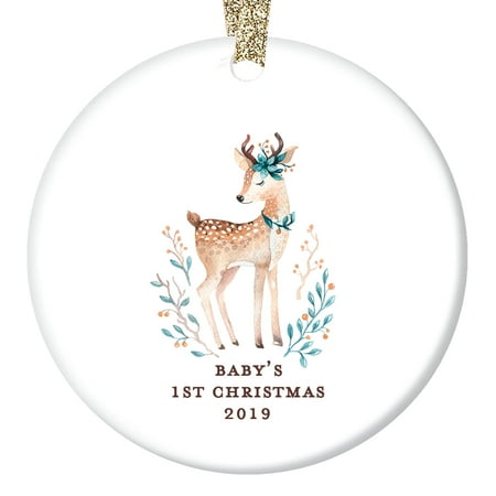 Baby Deer, Fawn Ornament, Girl Baby's First Christmas 2019, Fox Baby Shower Gifts Newborn Present for New Parents Mom Dad Present Ceramic 3