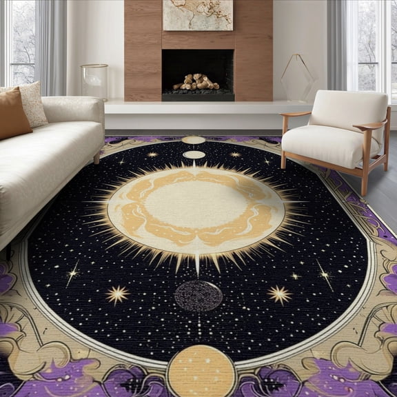 ODIKA 8'x10' Washable Area Rug Round Astrology Celestial Sun Moon Star Vintage Gothic Scroll Border for Dining Room, Large Office, Lounge, Non-Slip Chair-Friendly Mat