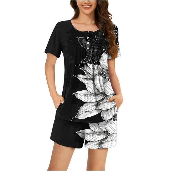 Jamicy Plus Size Sleepwear Fashion Casual Loose Stripe Printed Round Neck Button Shorts Short Sleeve Comfortable Ladies Pajamas Set Black