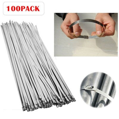 8" 10Pcs Chrome Stainless Steel Header Wrap Straps Self Locking Cable Zip Ties 