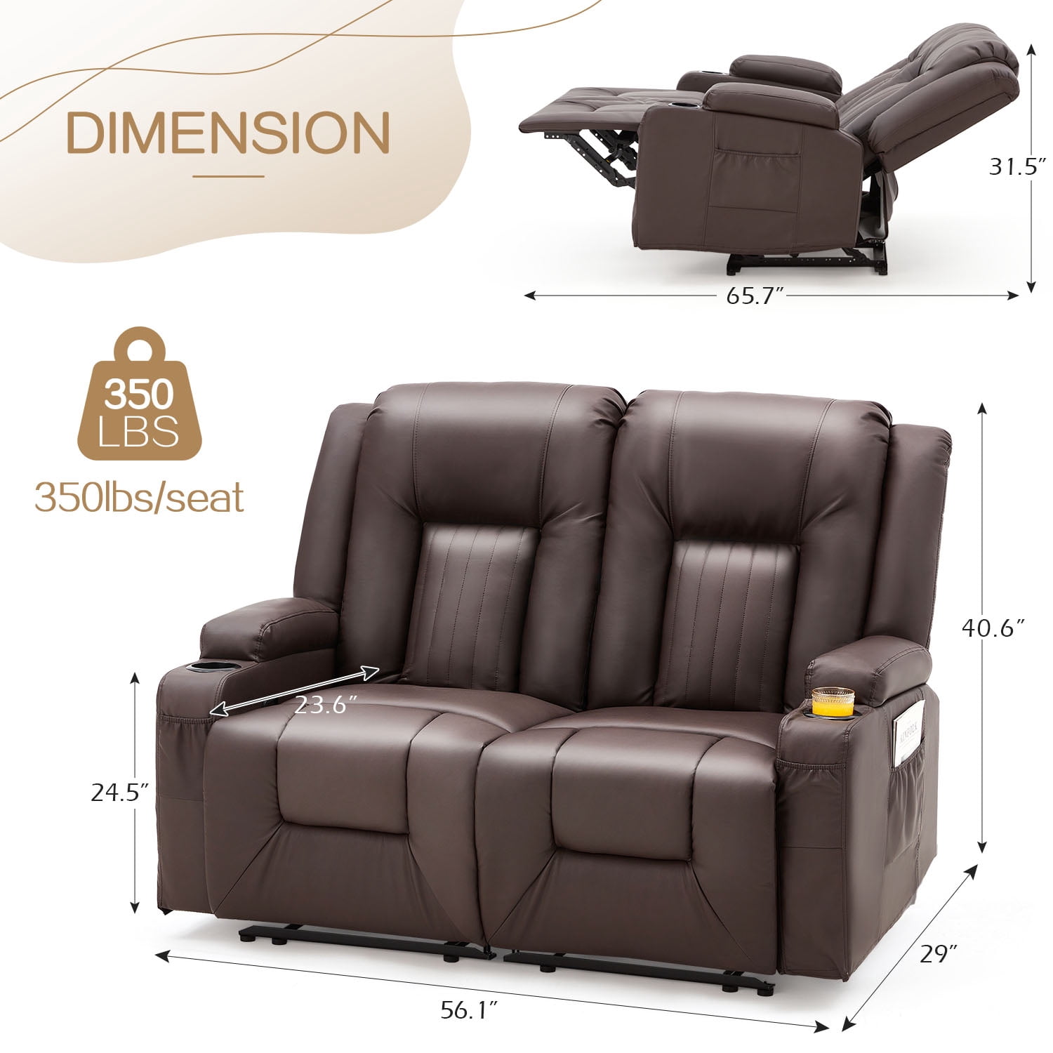 AECOJOY Manual Reclining Loveseat with Cup Holders&Side Pockets, PU Leather Double Recliner Loveseat  Home Theater Seating-Brown