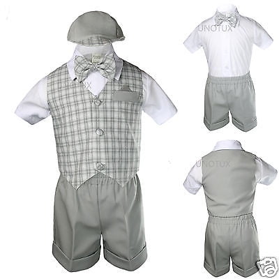 Navy Blue Baby Boy Infant Toddler Formal Party Gingham Shorts Vest Set Suit S-4T