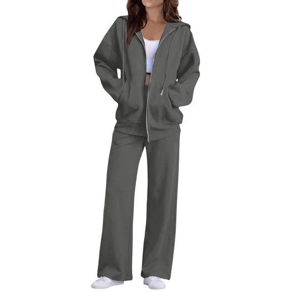 Women's 2 Piece Sweatsuit Zip Up Hoodie Wide Leg Pants Matching Lounge Fall Spring Dark Gray S
