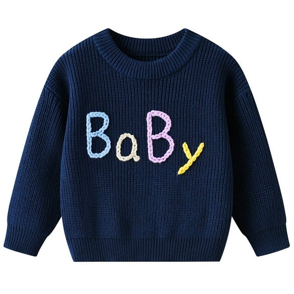 Lenpel Girls Boys' Sweaters Toddler Baby Long Sleeve Crewneck Embroidery Chunky Knit Pullover Sweater Tops Infant Newborn Clothes(Dark Blue,1-2 Years)