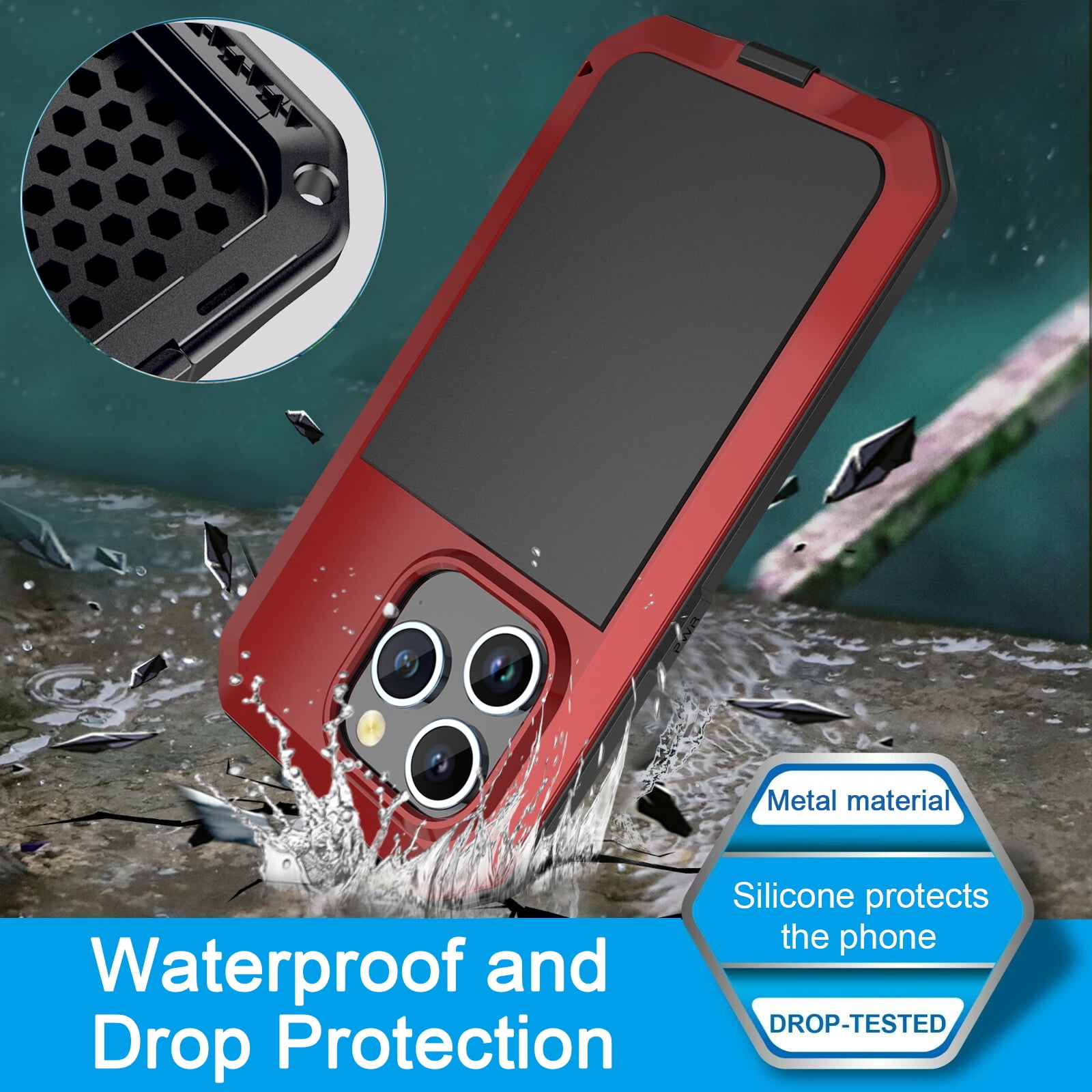 for iPhone 16 Plus Case, 360 Full Body Protective Cover Heavy Duty Shockproof Armor Aluminum Alloy Metal Case with Silicone Built-in Screen Protector for iPhone 16 Plus, Red