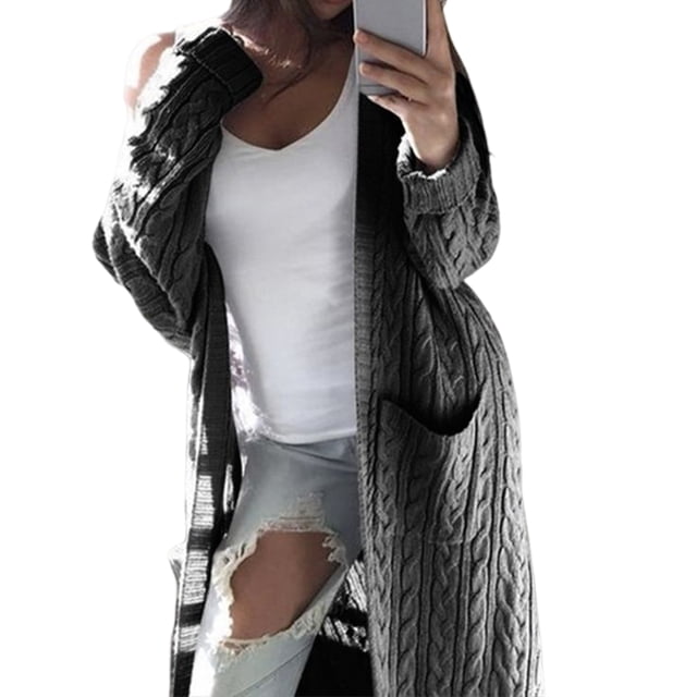 Qarigey Suéter de punto de manga larga para mujer, mezcla de algodón de invierno, cárdigan abierto frontal transpirable, abrigo para banquete, Abrigos y chamarras Gris oscuro SG Qarigey AP013007-22