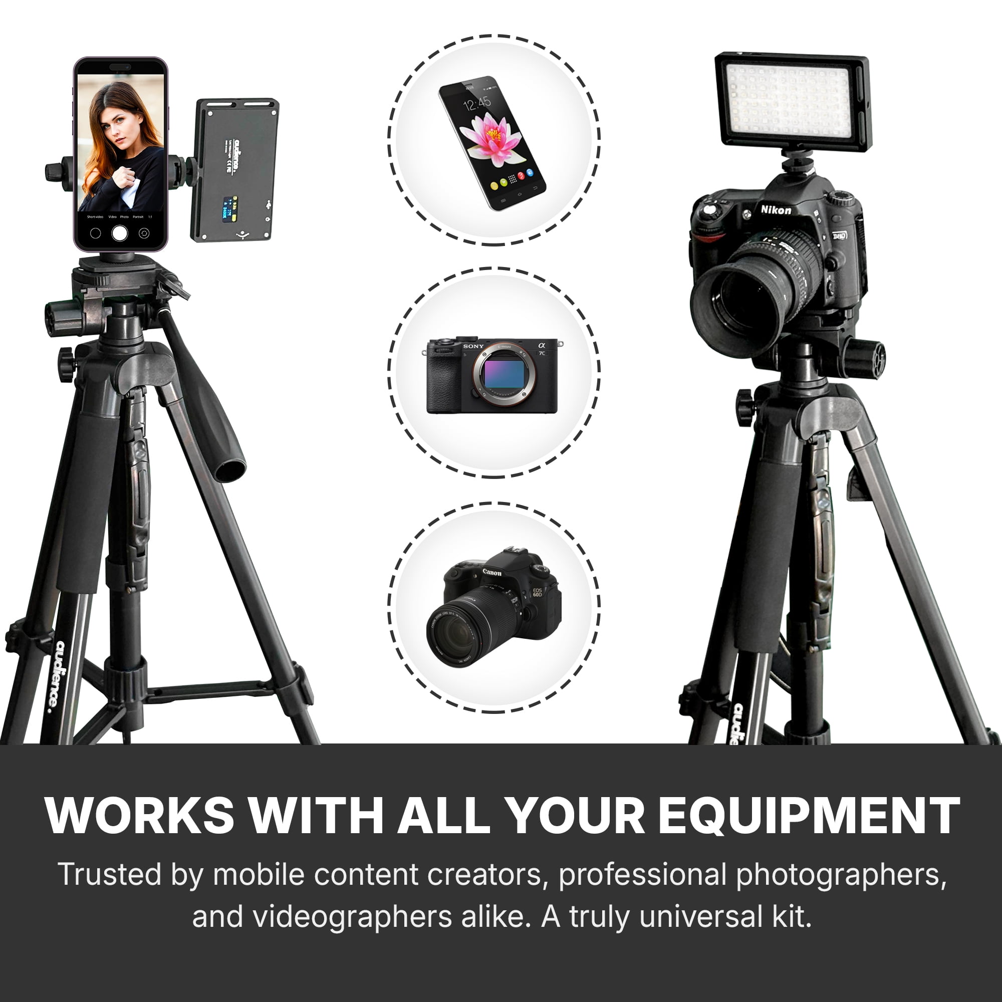 Audience Professional Mobile Creator Kit - 72" Adjustable Tripod with Monopod, LED Fill Light, Dual Lavalier Microphones, Rotating Phone Mount, Bluetooth Remote & Travel Case