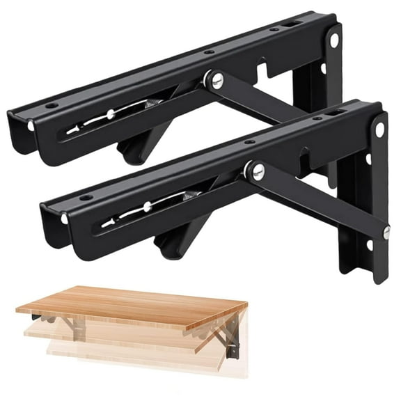 Folding Shelf Brackets Max. Load 580 lb, 10 Inch Black Collapsible Heavy Duty Brackets for Table Bench - Space Saving, 2 Pack