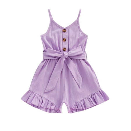 

Sunisery Kids Little Girls Sling Playsuit Spaghetti Straps V Neck Sleeveless Ruffle Hem Short Jumpsuit with Belt Purple 4-5 Years