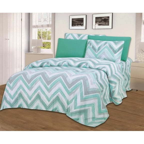 Fresh Linen Collection 1800 Super Soft Printed Sheet Set with BONUS Pillowcases (Twin, Aqua Chevron)
