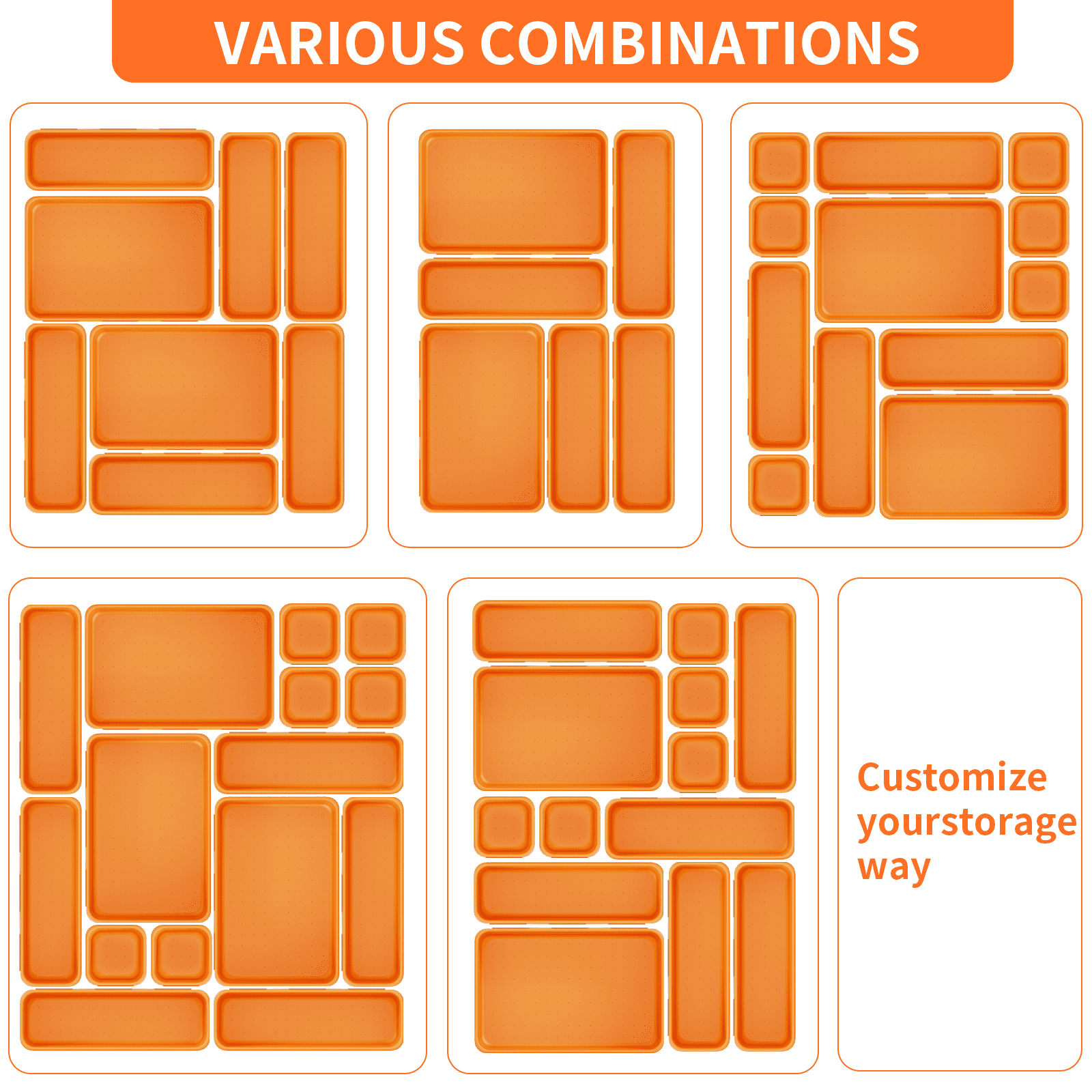 HAIDAIYA 45 Pack Plastic Drawer Organizer Trays, 3-Sizes Vanity and Desk Storage Bins, tool box Organizers for Makeup, Jewelry, Gadgets, Utensils, Orange