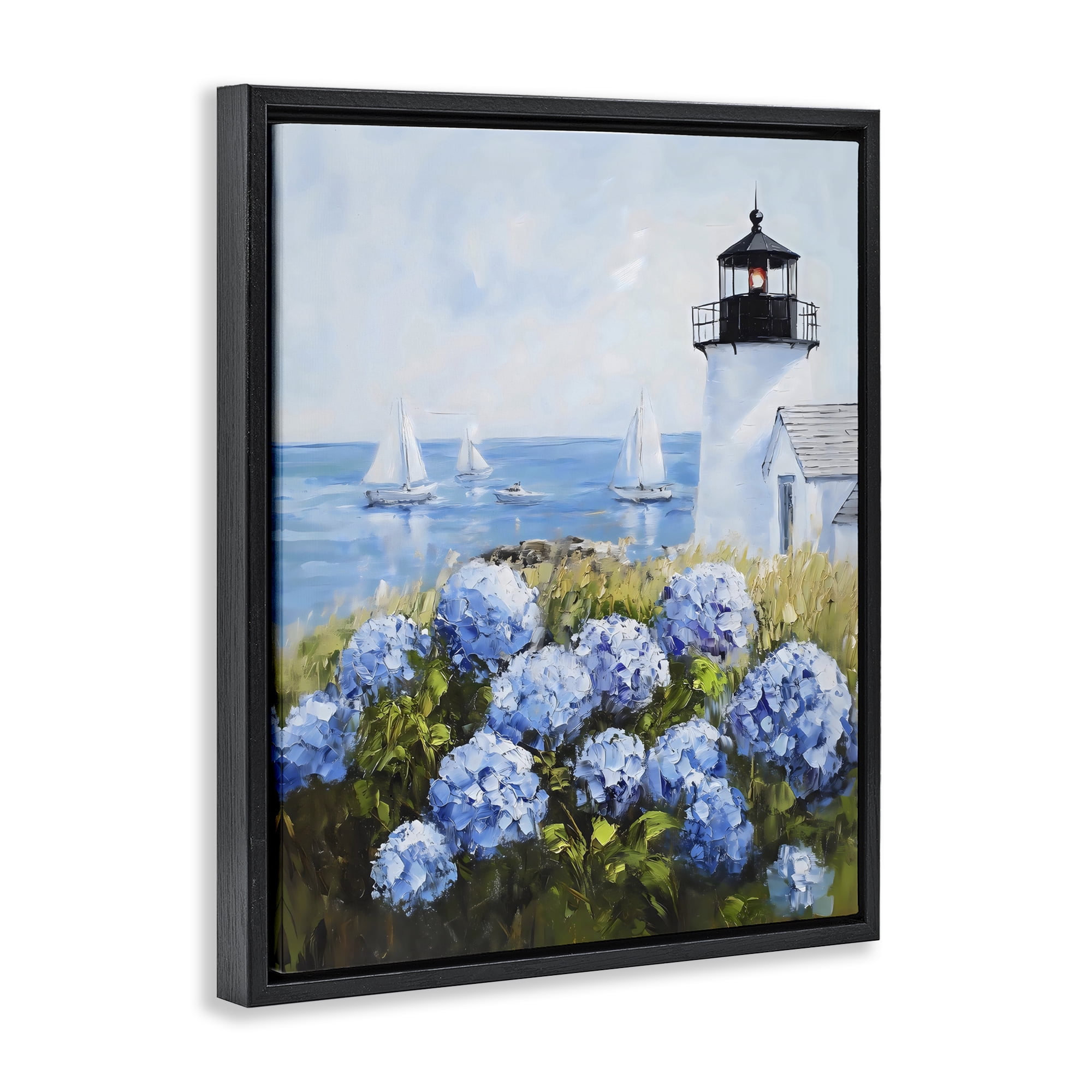 Stupell Industries Lighthouse Surrounded by Hydrangeas Black Framed Floater Canvas Wall Art, design by Arlington Prints