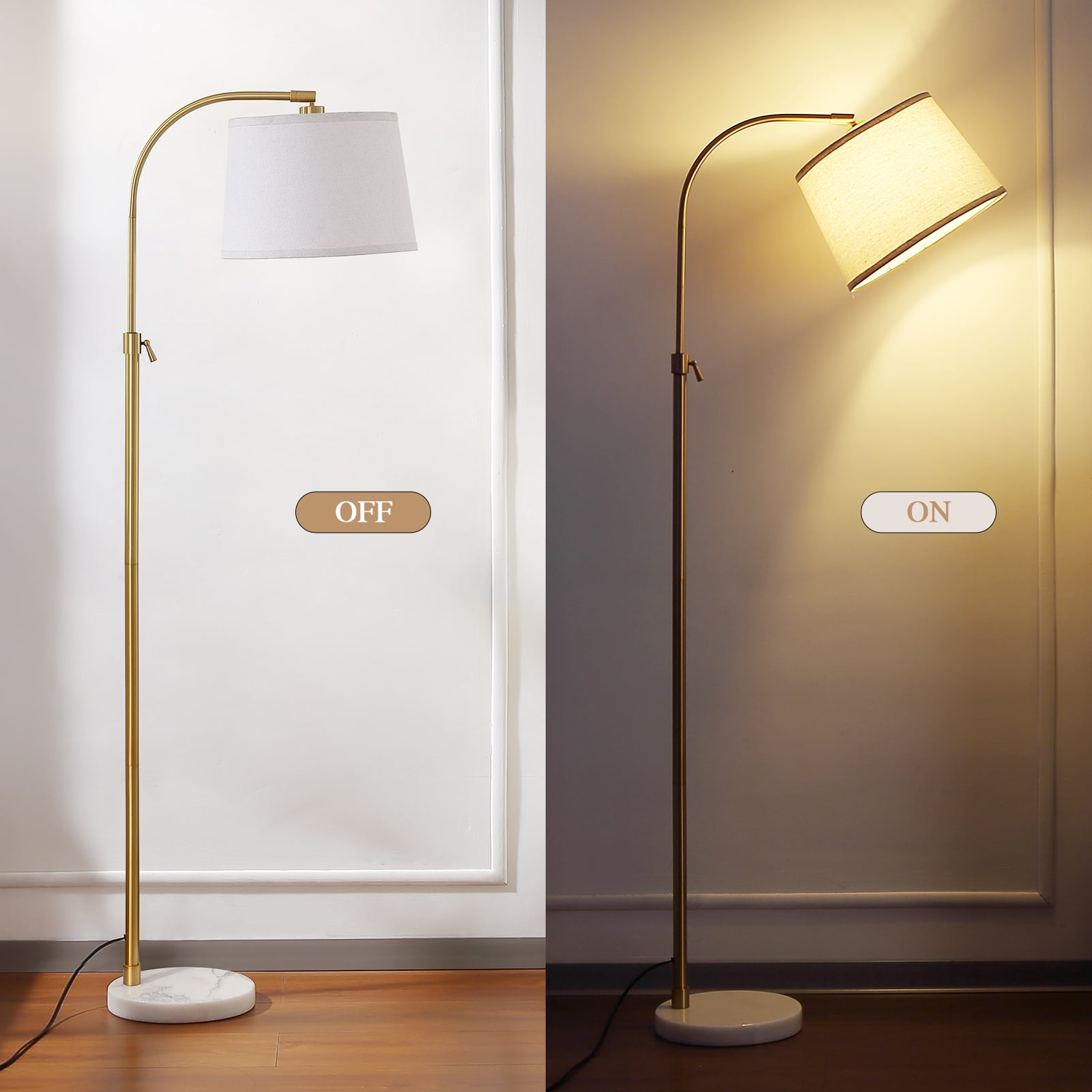 RORIA Modern Gold Floor Lamps,54-64”Height Adjustable Curved Standing Lamp,With a Linen Shade, Perfect for Bedrooms, Living Rooms, and Offices