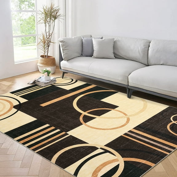 Modern Washable Area Rug 8x10 Contemporary Geometric Circles Carpet with Non-Slip Backing for Living Room, Low Pile Indoor Floor Mat for Home Office, Dark Brown