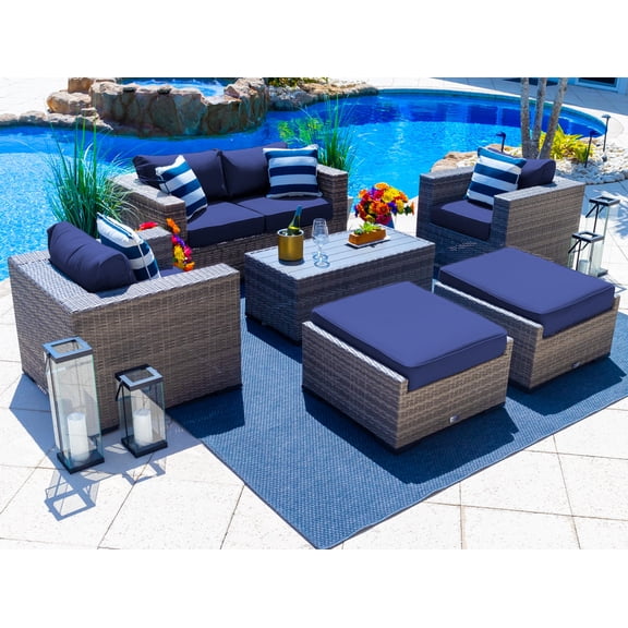 Sorrento 6-Piece M Resin Wicker Outdoor Patio Furniture Lounge Sofa Set in Gray w/ Loveseat, Two Armchairs, Two Ottomans, and Coffee Table (Flat-Weave Gray Wicker, Sunbrella Canvas Navy)