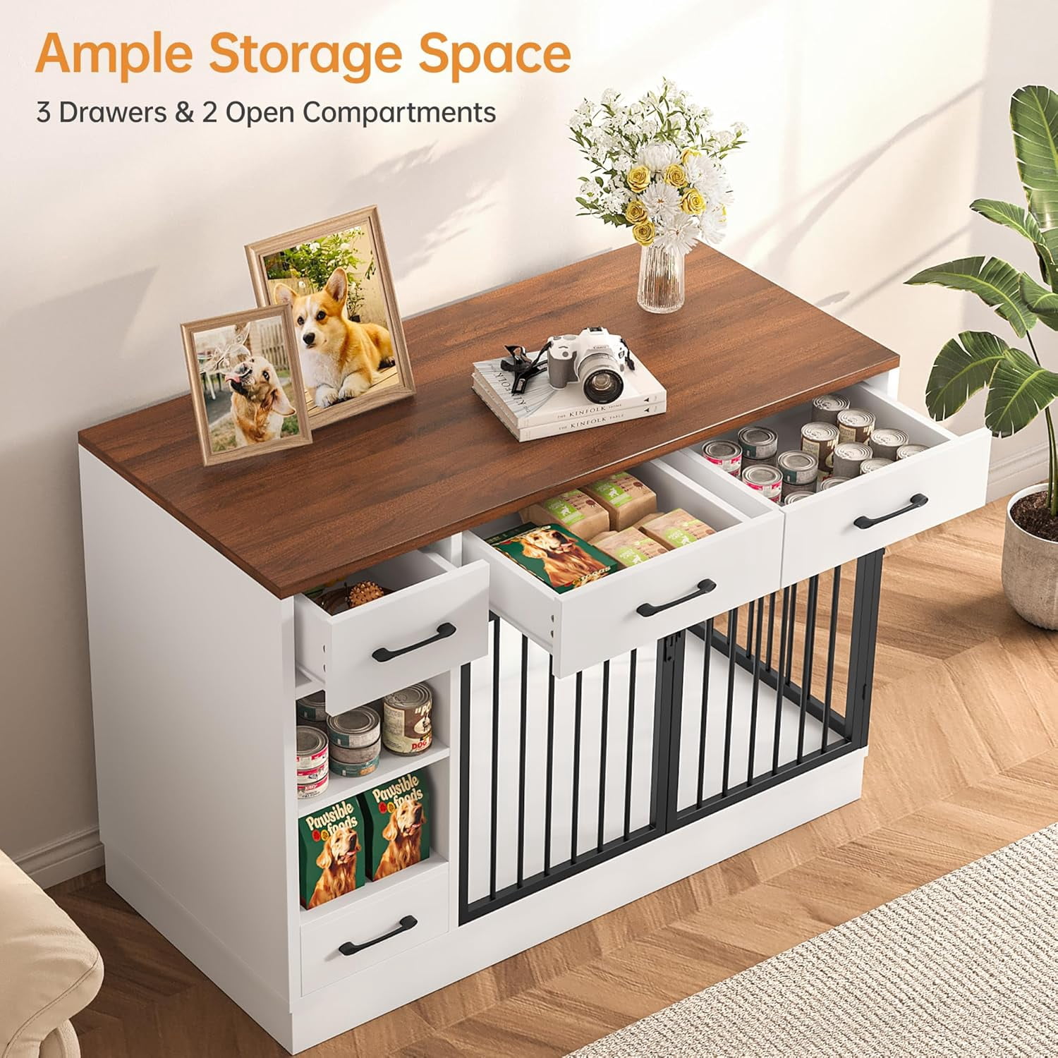 Selooye Large Dog Crate Furniture, Sturdy 2-Door 47.2" Wooden Furniture Style Crate for Dogs with 3 Storage Drawers and Hidden Feeding Bowl