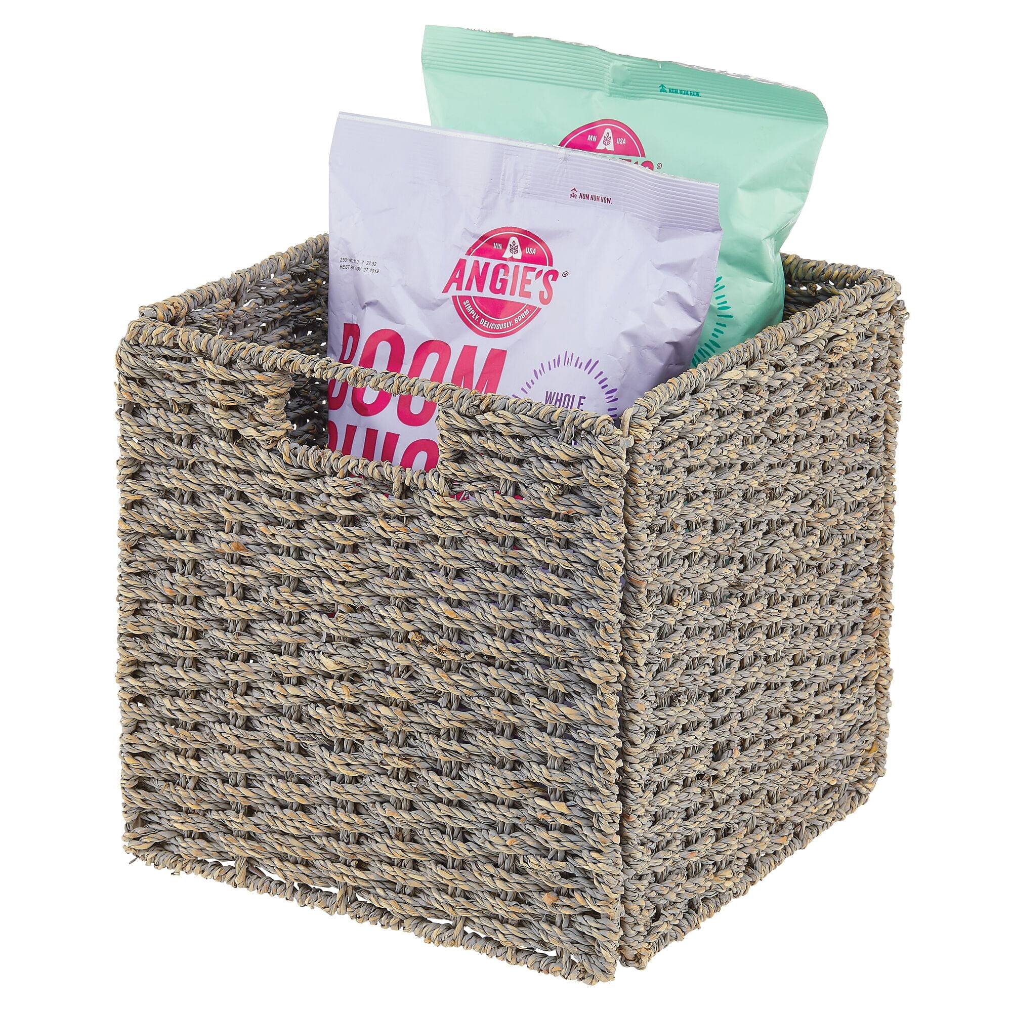 mDesign Seagrass Woven Kitchen Basket Organizer, Handles, 4 Pack, Gray Wash