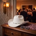 thumbnail image 5 of Western Cowboy Hats for Women Classic Felt Wide Brim Fedora Hat with Belt Buckle Retro Panama Hat Unisex Rolled up Cap White One Size, 5 of 7