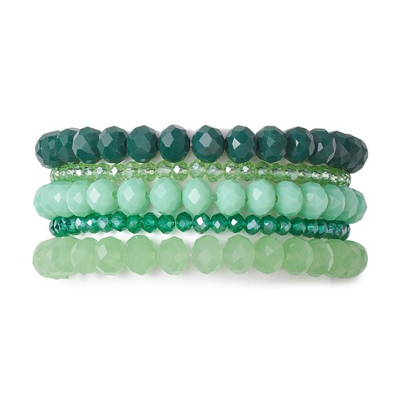 5Set 5Pcs 5 Styles Faceted Round Glass Beaded Stretch Bracelet Sets Stackable Bracelets for Women Men Lime Green 2~2-1/8 inch(4.95~5.25cm) 1pc/style