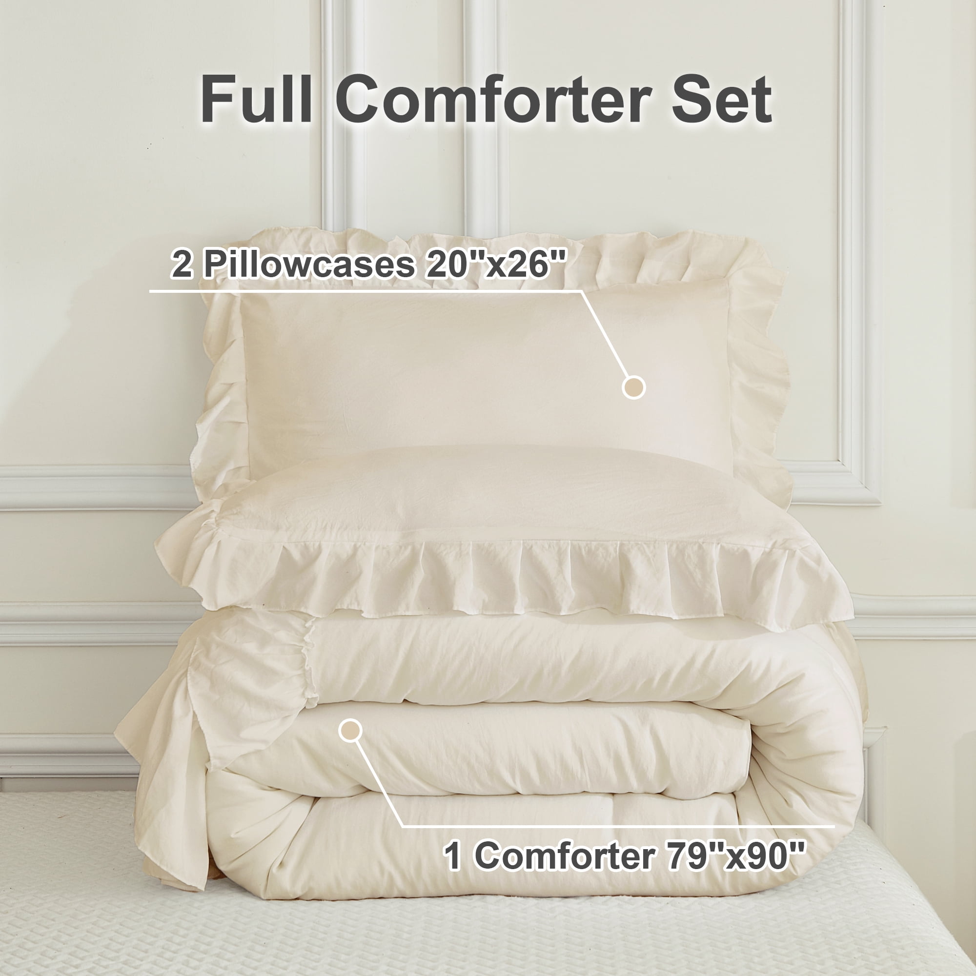 ANGENIA Full Size Comforter Set Beige - 3 Pieces Soft Cozy Fluffy Cream Ruffle Bedding Comforter Sets, All Season Lightweight Farmhouse Down Alternative Bed Set for Girls Teens Boys Kids