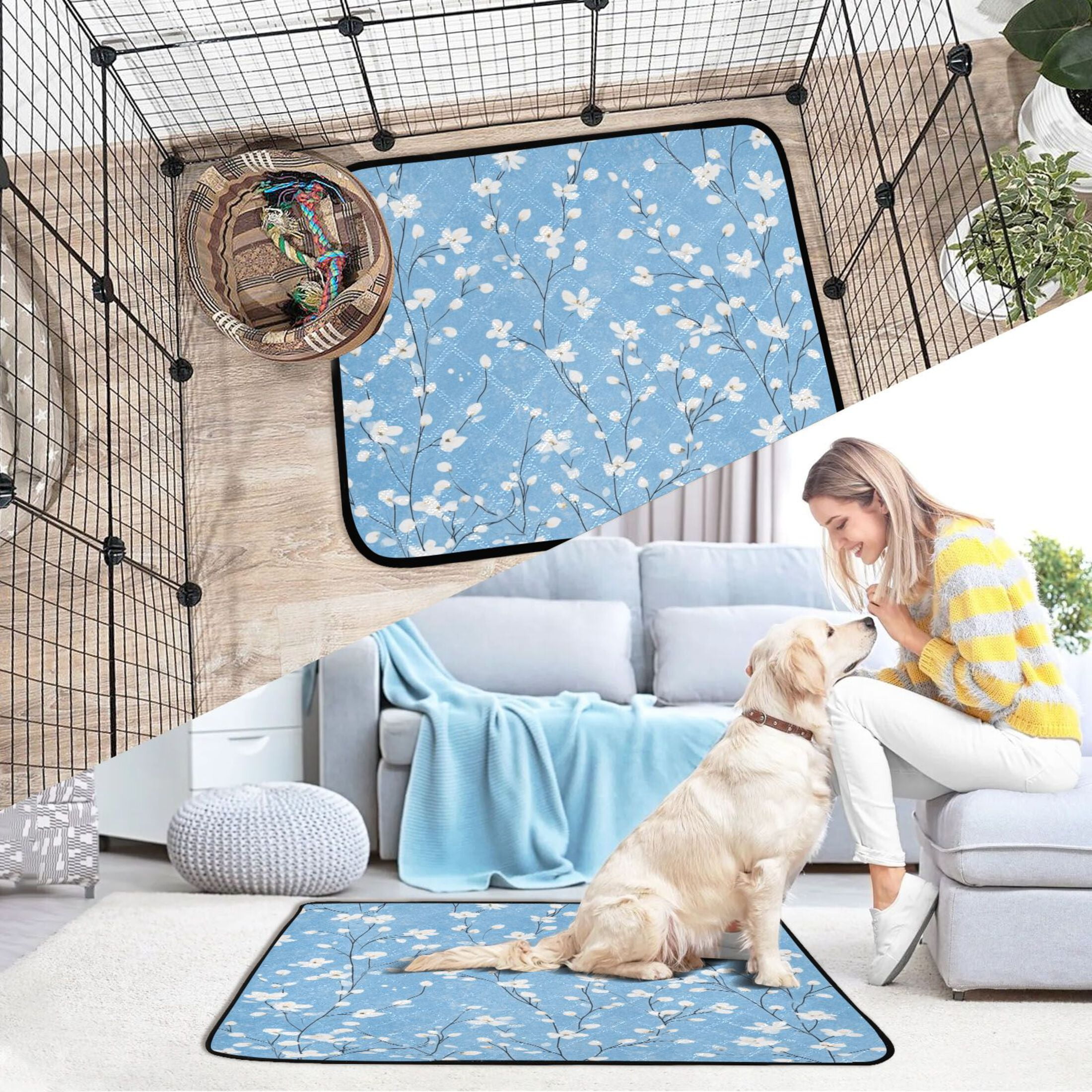 Qxltty Light Blue Background with White Floral Pattern Cat litter Pads Pet Set of 3 Diaper Mats Center Anti-leakage Layer Absorbent Soft and Comfortable